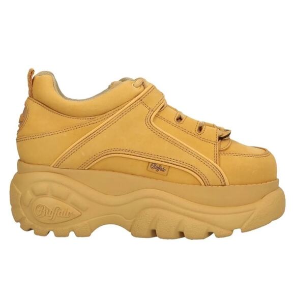 NWT MSRP$222 BUFFALO Leather Wedge Sneakers US8.5 EU39 Yellow Logo Made in Spain